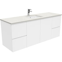 Fienza Fingerpull Gloss White 1500 Wall Hung Cabinet, Solid Doors , With Stone Top - Roman Sand Single Bowl