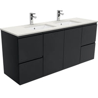 Fienza Fingerpull Satin Black 1500 Wall Hung Cabinet, Solid Doors , With Stone Top - Roman Sand Double Bowl