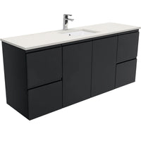 Fienza Fingerpull Satin Black 1500 Wall Hung Cabinet, Solid Doors , With Stone Top - Roman Sand Single Bowl