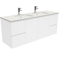 Fienza Fingerpull Satin White 1500 Wall Hung Cabinet, Solid Doors , With Stone Top - Roman Sand Double Bowl
