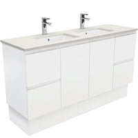 Fienza Fingerpull Satin White 1500 Cabinet on Kickboard, Solid Doors , With Stone Top - Roman Sand Double Bowl