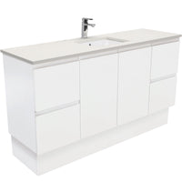 Fienza Fingerpull Satin White 1500 Cabinet on Kickboard, Solid Doors , With Stone Top - Roman Sand Single Bowl
