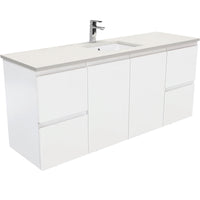 Fienza Fingerpull Satin White 1500 Wall Hung Cabinet, Solid Doors , With Stone Top - Roman Sand Single Bowl