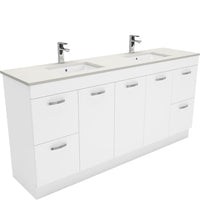Fienza UniCab Gloss White 1800 Cabinet on Kickboard, Solid Doors , With Stone Top - Roman Sand Double Bowl