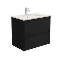 Fienza Amato Satin Black 750 Wall Hung Cabinet, Solid Panels, Bevelled Edge , With Stone Top - Roman Sand Satin Black Panels