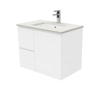 Fienza Fingerpull Gloss White 750 Wall Hung Cabinet, Solid Door , With Stone Top - Roman Sand Left Hand Drawer