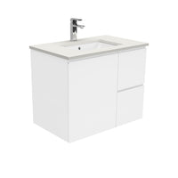 Fienza Fingerpull Gloss White 750 Wall Hung Cabinet, Solid Door , With Stone Top - Roman Sand Right Hand Drawer