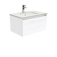 Fienza Manu Gloss White 750 Wall-Hung Cabinet, Solid Drawer , With Stone Top - Roman Sand