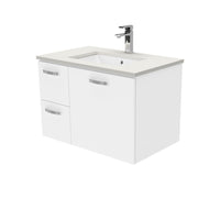 Fienza UniCab Gloss White 750 Wall Hung Cabinet, Solid Door , With Stone Top - Roman Sand Left Hand Drawer