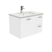 Fienza UniCab Gloss White 750 Wall Hung Cabinet, Solid Door , With Stone Top - Roman Sand Right Hand Drawer
