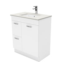 Fienza UniCab Gloss White 750 Cabinet on Kickboard , With Stone Top - Roman Sand Left Hand Drawer