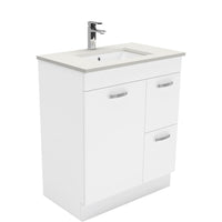 Fienza UniCab Gloss White 750 Cabinet on Kickboard , With Stone Top - Roman Sand Right Hand Drawer