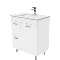 Fienza UniCab 750 Gloss White Cabinet on Legs, Left Hand Drawers, Solid Doors , With Stone Top - Roman Sand