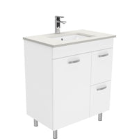 Fienza UniCab 750 Gloss White Cabinet on Legs, Right Hand Drawers, Solid Doors , With Stone Top - Roman Sand