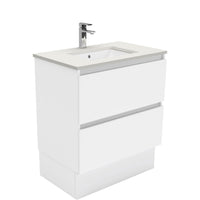 Fienza Quest Gloss White 750 Cabinet on Kickboard, 2 Solid Drawers , With Stone Top - Roman Sand
