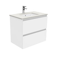 Fienza Quest Gloss White 750 Wall Hung Cabinet, 2 Solid Drawers , With Stone Top - Roman Sand