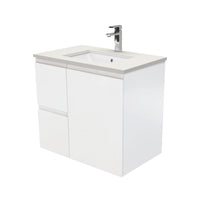 Fienza Fingerpull Satin White 750 Wall Hung Cabinet, Solid Door , With Stone Top - Roman Sand Left Hand Drawer