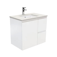 Fienza Fingerpull Satin White 750 Wall Hung Cabinet, Solid Door , With Stone Top - Roman Sand Right Hand Drawer