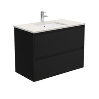 Fienza Amato Satin Black 900 Wall Hung Cabinet, 2 Solid Drawers, Bevelled Edge , With Stone Top - Roman Sand Satin Black Panels