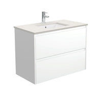 Fienza Amato Satin White 900 Wall Hung Cabinet, 2 Solid Drawers, Bevelled Edge , With Stone Top - Roman Sand Satin White Panels