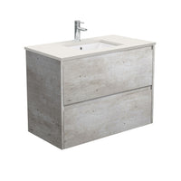 Fienza Amato Industrial 900 Wall Hung Cabinet, 2 Solid Drawers, Bevelled Edge , With Stone Top - Roman Sand Industrial Panels