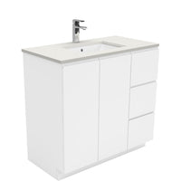 Fienza Fingerpull Gloss White 900 Cabinet on Kickboard , With Stone Top - Roman Sand Right Hand Drawer