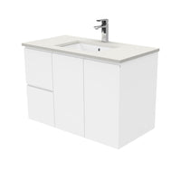 Fienza Fingerpull Gloss White 900 Wall Hung Cabinet, 2 Solid Drawers, Bevelled Edge , With Stone Top - Roman Sand Left Hand Drawer