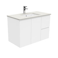 Fienza Fingerpull Gloss White 900 Wall Hung Cabinet, 2 Solid Drawers, Bevelled Edge , With Stone Top - Roman Sand Right Hand Drawer