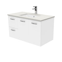Fienza UniCab Gloss White 900 Wall Hung Cabinet, Solid Doors , With Stone Top - Roman Sand Left Hand Drawer