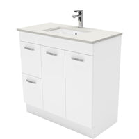 Fienza UniCab Gloss White 900 Cabinet on Kickboard, Solid Doors , With Stone Top - Roman Sand Left Hand Drawer