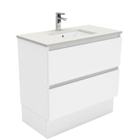 Fienza Quest Gloss White 900 Cabinet on Kickboard, 2 Drawers , With Stone Top - Roman Sand