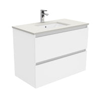 Fienza Quest Gloss White 900 Wall Hung Cabinet, 2 Solid Drawers , With Stone Top - Roman Sand