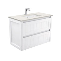 Fienza Hampton Satin White 900 Wall Hung Cabinet, 2 Solid Drawers , With Stone Top - Roman Sand