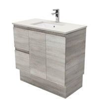 Fienza Edge Industrial 900 Cabinet on Kickboard, Solid Doors, Bevelled Edge , With Stone Top - Roman Sand Left Hand Drawer