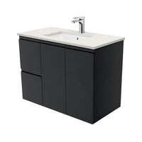 Fienza Fingerpull Satin Black 900 Wall Hung Cabinet, Solid Doors , With Stone Top - Roman Sand Left Hand Drawer