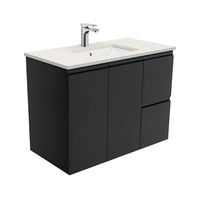 Fienza Fingerpull Satin Black 900 Wall Hung Cabinet, Solid Doors , With Stone Top - Roman Sand Right Hand Drawer
