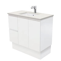 Fienza Fingerpull Satin White 900 Cabinet on Kickboard, Solid Doors , With Stone Top - Roman Sand Left Hand Drawer