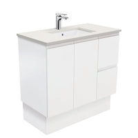 Fienza Fingerpull Satin White 900 Cabinet on Kickboard, Solid Doors , With Stone Top - Roman Sand Right Hand Drawer