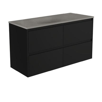 Fienza Amato Satin Black 1200 Wall Hung Cabinet, Solid Drawers, Bevelled edge , With Moulded Basin-Top - Satori Concrete Satin Black Panels