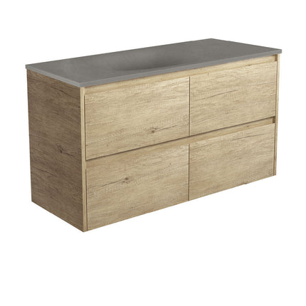 Fienza Amato Scandi Oak 1200 Wall Hung Cabinet, Solid Drawers, Bevelled Edge , With Moulded Basin-Top - Satori Concrete Scandi Oak Panels