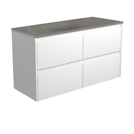 Fienza Amato Satin White 1200 Wall Hung Cabinet, Solid Drawers, Bevelled Edge , With Moulded Basin-Top - Satori Concrete Satin White Panels