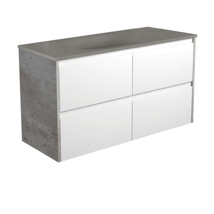 Fienza Amato Satin White 1200 Wall Hung Cabinet, Solid Drawers, Bevelled Edge , With Moulded Basin-Top - Satori Concrete Industrial Panels
