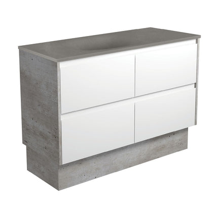 Fienza Amato Satin White 1200 Cabinet on Kickboard, Solid Panels, Bevelled Edge , With Moulded Basin-Top - Satori Concrete Industrial Panels