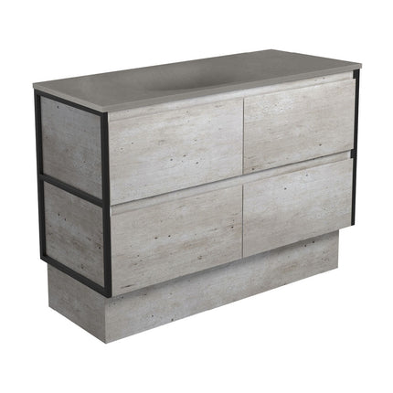 Fienza Amato Industrial 1200 Cabinet on Kickboard, Solid Panels, Bevelled Edge , With Moulded Basin-Top - Satori Concrete Matte Black Frames