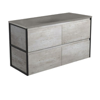 Fienza Amato Industrial 1200 Wall Hung Cabinet, Solid Drawers, Bevelled Edge , With Moulded Basin-Top - Satori Concrete Matte Black Frames