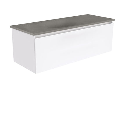 Fienza Manu Gloss White 1200 Wall Hung Cabinet, 1 Solid Drawer, 4 Internal Drawers , With Moulded Basin-Top - Satori Concrete