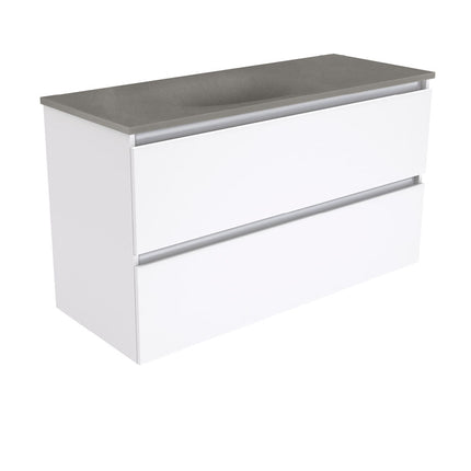 Fienza Quest Gloss White 1200 Wall Hung Cabinet, 2 Solid Drawers , With Moulded Basin-Top - Satori Concrete