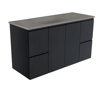 Fienza Fingerpull Satin Black 1200 Wall Hung Cabinet, Solid Doors , With Moulded Basin-Top - Satori Concrete