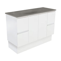 Fienza Fingerpull Satin White 1200 Cabinet on Kickboard, Solid Doors , With Moulded Basin-Top - Satori Concrete