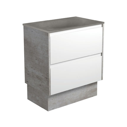 Fienza Amato Satin White 750 Cabinet on Kickboard, Solid Panels, Bevelled Edge , With Moulded Basin-Top - Satori Concrete Industrial Panels